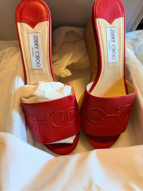 Jimmy Choo Shoes - Jimmy Choo Red Leather Logo Slide Wedge Mules
